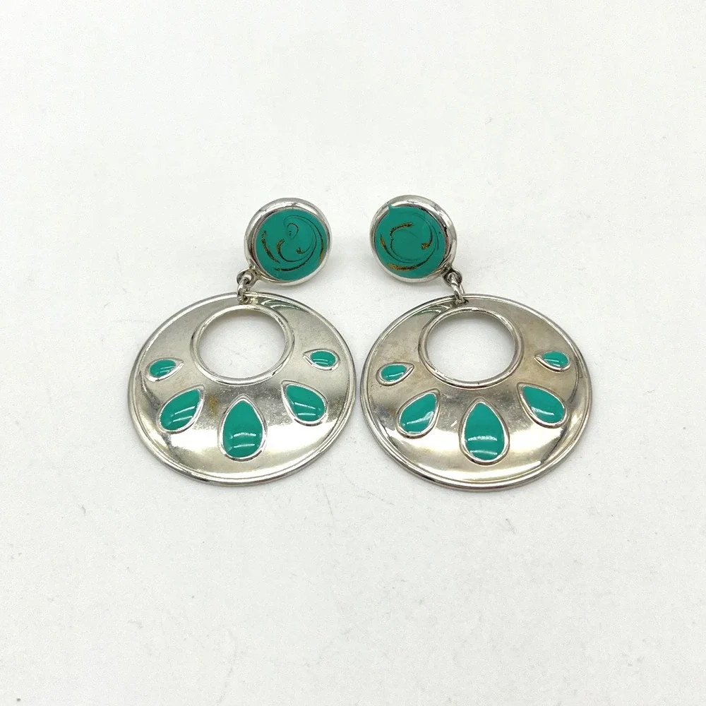 Vintage Round Silver Tone‎ Drop Earrings with Turquoise Colored Enamel Accents